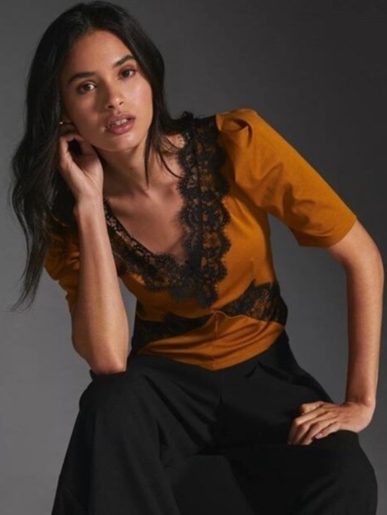 Anthropologie Tops - NWT by Anthropologie Mustard Gold and Black Lace Puff Sleeve Top S
